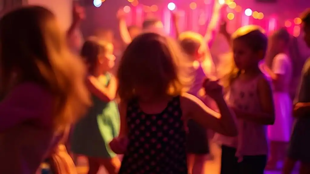 Blurred image of children dancing at a mini disco