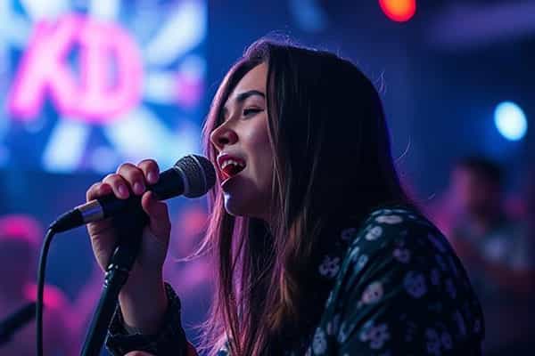 Woman singing at a karaoke night