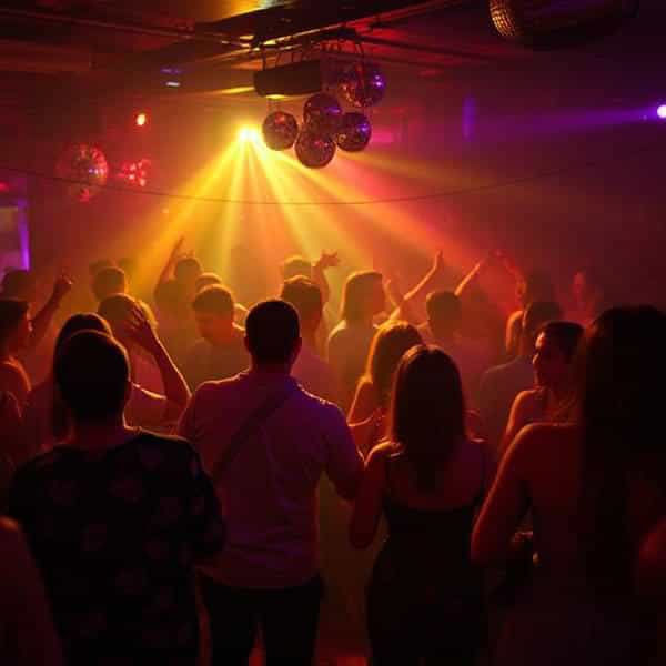 Crowd of people dancing at a disco with yellow lighting