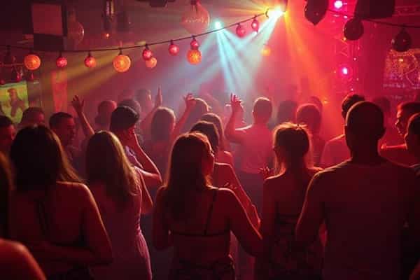 Crowd of people dancing with pinky red lighting