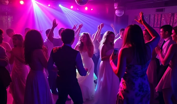 Prom night disco with DJ lighting Students dancing at a stylish prom night