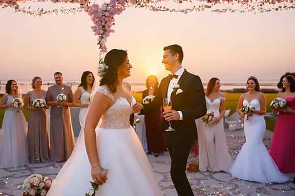 Newly married couple having first dance surrounded by bridesmaids with sunset background